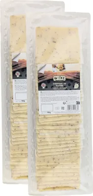 Produktbild von Food-United leicht scharfer CHEDDAR Cheese 2x 980g in Scheiben mit schwarzem Pfeffer Cheddarkäse von WYKE-FARMS der englischer Hartkäse passt zu Burger Sandwiches Wraps Saucen Pizza Pasta