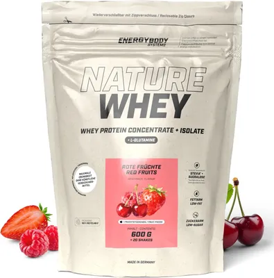 Produktbild von Energybody Nature Whey Rote Früchte, Proteinpulver ohne künstliche Verdickungsmittel, Whey Isolat und Konzentrat, 600 g Beutel