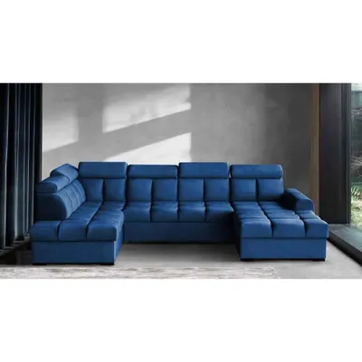 Produktbild von Ecksofa Gomez U-Form links mit Schlaffunktion und 2x Bettkasten, Polsterecke in Veloursstoff Blau