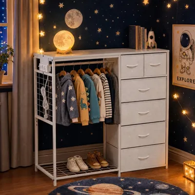 Produktbild von Kinderkleiderschrank Kindergarderobe mit 6 Schubladen Kleiderstange Steckdose Garderobenständer Kindermöbel Weiß