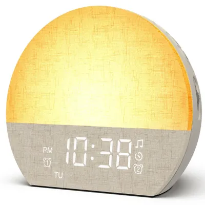 Sonnenaufgangwecker mit Doppelalarm, 30 Weiße Geräusche, dimmbare Nachtlampe