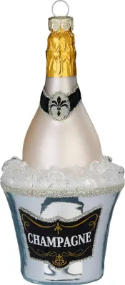 Produktbild von Christbaumschmuck Glas 13cm Champagnerflasche im Kühler Creme / Silber