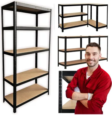 A collage of images showing different configurations of metal shelving units and a man in a red shirt.