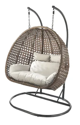 A hanging basket chair with cushions, on a stand, against a white background.