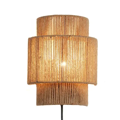 Obrázek produktu pro Nástěnná lampa z jutového lana se zástrčkou a vypínačem – Ručně vyráběná lampa v rustikálním boho stylu pro ložnici nebo obývací pokoj, objímka E27 „D