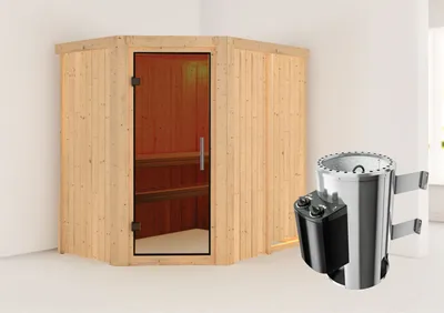 Produktbild von Karibu Sauna Innensauna Saja Eckeinstieg Ofen 3,6 kW intgr. Strg 196x151x198 cm ohne Dachkranz mit Graphittür