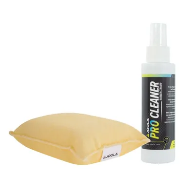 A table tennis rubber cleaner set including a sponge and a spray bottle.
