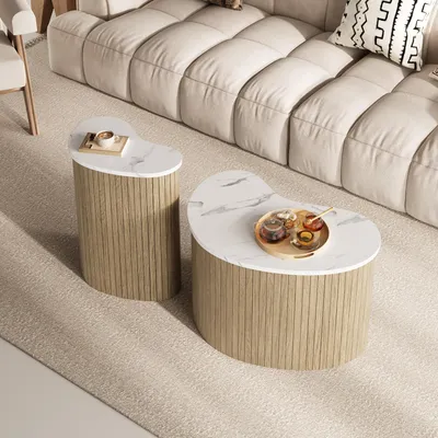 Image de OKWISH Tables Basses Gigognes Effet Marbre aux Formes Courbes, Style Nordique en MDF pour Petit Espace - Naturel et Blanc