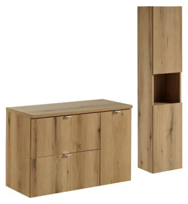 Immagine prodotto di Set da bagno VANO finitura quercia 120cm: mobile sottolavabo con cassetti e armadietti + piano per lavabo + colonna