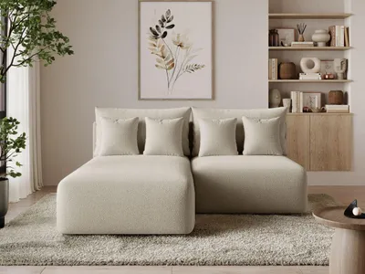 Produktbild von GrainGold Ecksofa L-Form Ronni Links - Ecksofa mit Schlaffunktion, Bettkasten - Moderne Ecksofa, Wohnzimmer Sofa - Eckcouch mit Bouclé-Stoff -  Beige