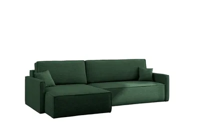 A green sectional sofa with an ottoman on a white background.