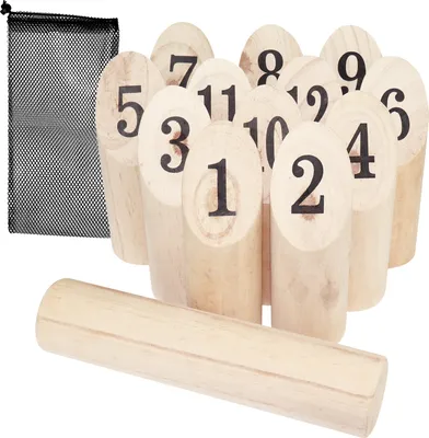 Produktbild von WELLGRO Zahlen-Wurfspiel – Kegelspiel Outdoor Spiel für Garten & Strand, Finnisches Wurfspiel für Familie & Freunde, Wikinger-Kegeln inkl. Tragetasche, Holzspiel