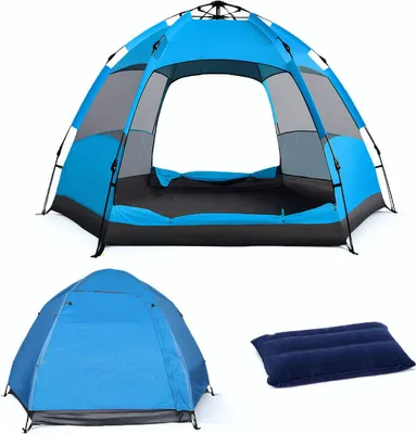 Image de （Bleu）Tente de camping Pop Up Tente dôme double paroi imperméable aux UV Tentes jetables Tente familiale pour 3-4 personnes en plein air Camping Voyage Trekking