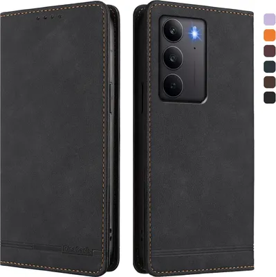 Image de Étui pour Realme C75 4G, étui rétro en cuirPolyuréthaneavec support et fentes pour cartes Noir