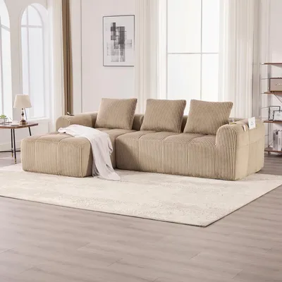 Produktbild von LVHOM Modulares Sofa mit Schlaffunktion, Ecksofa mit Cordbezug, 3 Sitzer mit Becherhalter, Schlafsofa ohne Montage, Loungesofa mit Seitentasche, Khaki