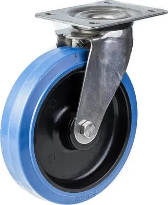 Produktbild von 200mm Edelstahl-Lenkrolle mit blauem Elastikgummi auf Nylon-Mittelrad