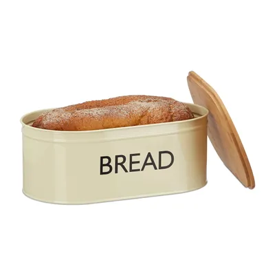 Produktbild von Relaxdays Brotkasten Retro XL, mit Bambusdeckel, runde Brotbox mit Schriftzug BREAD, HBT: 14 x 36 x 20 cm, beige/natur