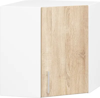 A white cabinet with a wood-grain door and a silver handle.