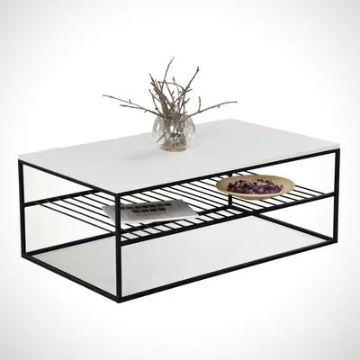 A white coffee table with a black metal frame, featuring a glass vase with branches and a small plate with purple items on top.