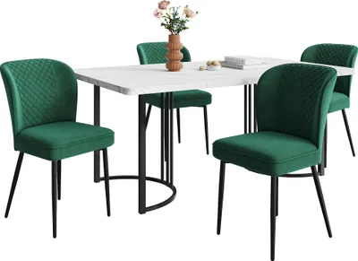 Produktbild von Essgruppe(Set,140×80×75cm Esstisch mit 4 Stühlen), Moderner Küchentisch Set,Dunkelgrün Samt Esszimmerstühle,Polsterstuhl Design Stuhl mit Rückenlehne