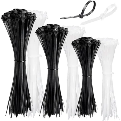 Obrázok produktu pre Sada plastových stiahovacích pásov, 300 kusov, čierna a biela, dĺžka 100/200/300 mm, nylon, odolné voči UV žiareniu, so samoistnou západkou
