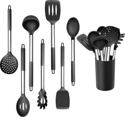 Produktbild von Silikon-Küchenhelfer-Set, 8-teilig, hitzebeständig, anti-aanbak, mit Edelstahl-Griff, Küchenbesteck-Set mit Aufbewahrung, schwarz