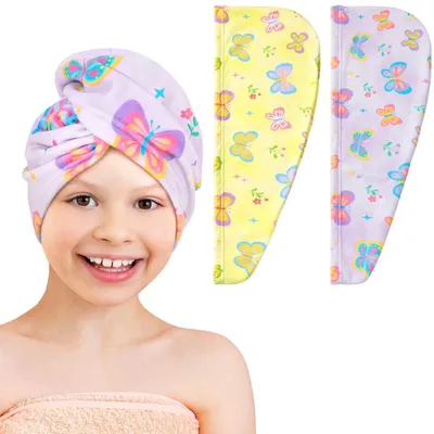 Immagine prodotto di Fascia per capelli in microfibra per bambine, 2 pezzi, ad asciugatura rapida, giallo e viola, taglia media