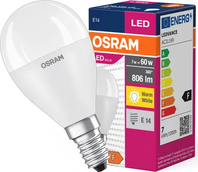 A product shot of an OSRAM LED light bulb next to its packaging.