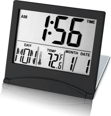 Image de Horloge numérique portable compacte - Horloge-réveil de bureau avec affichage de la température et de la date - Horloge numérique LCD de voyage - Pliable - Noir