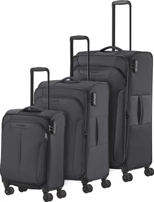 Three suitcases of varying sizes arranged in a row.