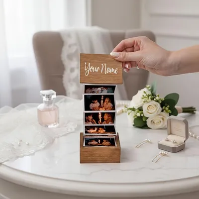 Imagen del producto de Álbum de fotos de madera hecho a mano, regalo creativo, álbum de fotos tipo acordeón con cajón, ideal para bodas, cumpleaños y recuerdos
