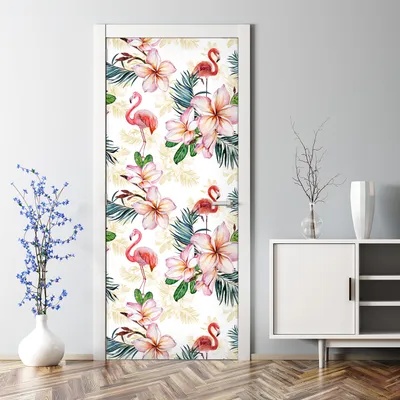 Produktbild von Dekorative Türposter Aufkleber selbstklebend Klebefolie Abnehmbarerdeko Flamingo rosa grün 85 x 200 cm