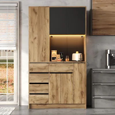 Produktbild von Flieks Küche Hochschrank Küchenschrank mit Steckdose und Usb, Highboard mit Led, Buffetständer mit ausziehbaren Gewürzregalen, Naturbelassen