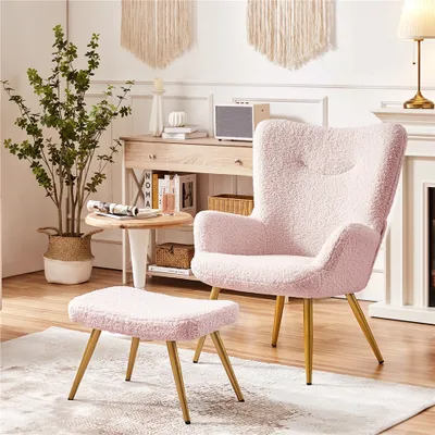 Produktbild von Yaheetech Ohrensessel Fernsehsessel mit Hocker Polyester-Bezug, Armlehnensessel Polstersessel Relaxsessel Cocktailsessel Teddy-Plüsch Stilvolles Design Rosa