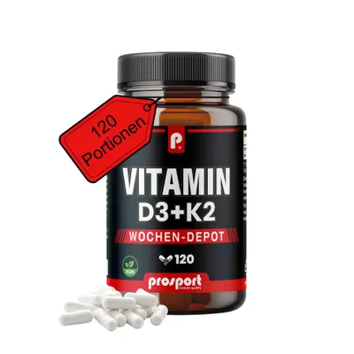 Produktbild von Prosport Vitamin D3 + K2 Kapseln, MK-7 – 20 µg Vitamin D3 + 14,3 µg Vitamin K2, 120 Kapseln, Wochen-Depot, vegan, Nahrungsergänzungsmittel