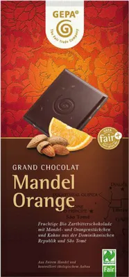 A chocolate bar wrapper with an image of a chocolate piece, almonds, and an orange slice.
