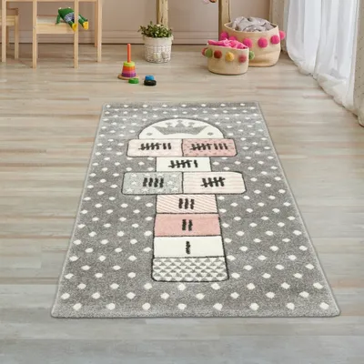 Produktbild von Kinderteppich Hüpfspiel Teppich Hüpfkästchen in Grau Rosa Creme Größe - 80 x 150 cm
