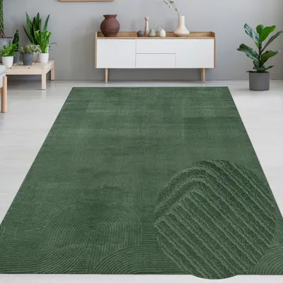 A green rug with a geometric arc pattern is shown in a living room setting.
