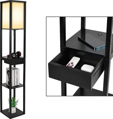 Produktbild von Puluomis 3 Ebene Stehlampe Stehleuchte Bodenlampe 160cm E27 Innenbeleuchtung Holz Schwarz mit 2 USB Anschlüsse,mit 8W Birne