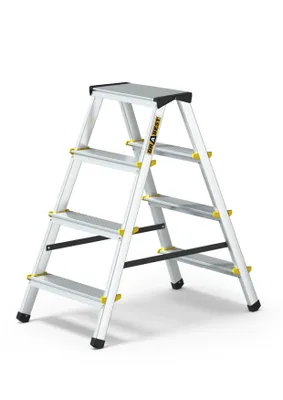 A silver step ladder with yellow accents against a white background.