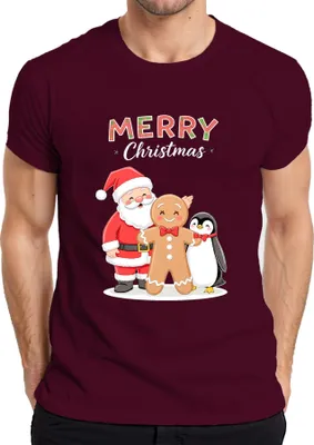 Produktbild von Merry Christmas Weihnachtsmann Lebkuchenmann Pinguin Weihnachten Herren T-Shirt, Burgundy, M