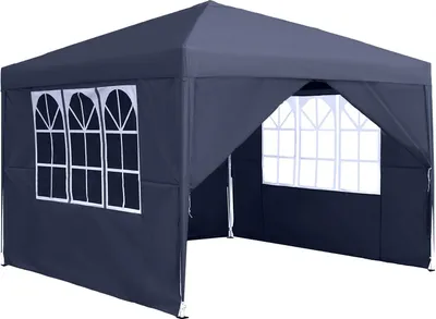 A dark gray pop-up gazebo with windows, shown from a slightly angled front view.