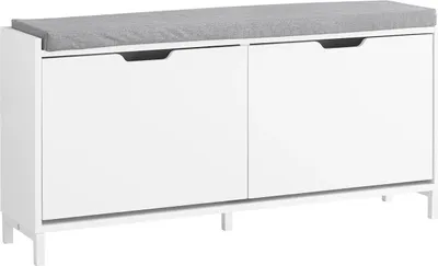 Obrázok produktu pre Lavica na topánky - FSR151-L-W - So sedadlom - Úzky regál na topánky s úložným priestorom - MDF a oceľ - Nosnosť 250 kg - Rozmery 105 × 52 × 24 cm - Biela