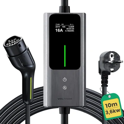Immagine prodotto di Cavo di ricarica di tipo 2, con spina Schuko, 3,68 kW | 6-16 A | 10 m, caricabatterie per auto elettriche di tipo 2, con spina Schuko, dotato di display digitale controllabile, cavo di ricarica per auto elettriche Schuko, grado di protezione IP65