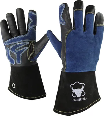 Immagine prodotto di Guanti da camino Leatherbull, guanti da stufa, guanti da barbecue in pelle | resistenti al calore con polsino lungo | blu - taglia XL