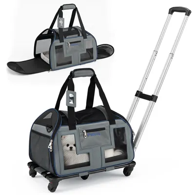Produktbild von COSTWAY Transporttasche für Hunde, faltbare Hundetransportbox mit Rollen, Teleskopgriff, abnehmbarem Kissen & Schultergurt, Transportbox, Katzentasche