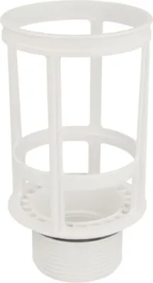 A white plastic plumbing component, likely a filter basket or strainer, with threaded connection at the bottom.