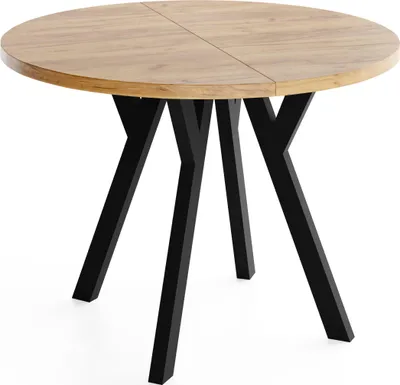 Produktbild von Runder Ausziehbarer Esstisch im Loft-Stil – Verlängerbarer Tisch mit Schwarzen Holzbeinen – Platzsparender Esstisch für Wohnzimmer – Eiche Braun – 80 bis 130 cm