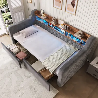 Image de Lit tapissier 90 x 190 cm avec 2 tiroirs, éclairage LED 16 couleurs, ports USB et Type-C, tête de lit avec compartiments de rangement, sommier à lattes, revêtement en velours, couleur gris foncé