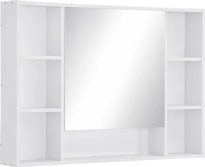 Image de Armoire de salle de bain avec miroir - Meuble mural suspendu - Avec porte et étagères ouvertes - 100 x 15 x 70 cm - Blanc